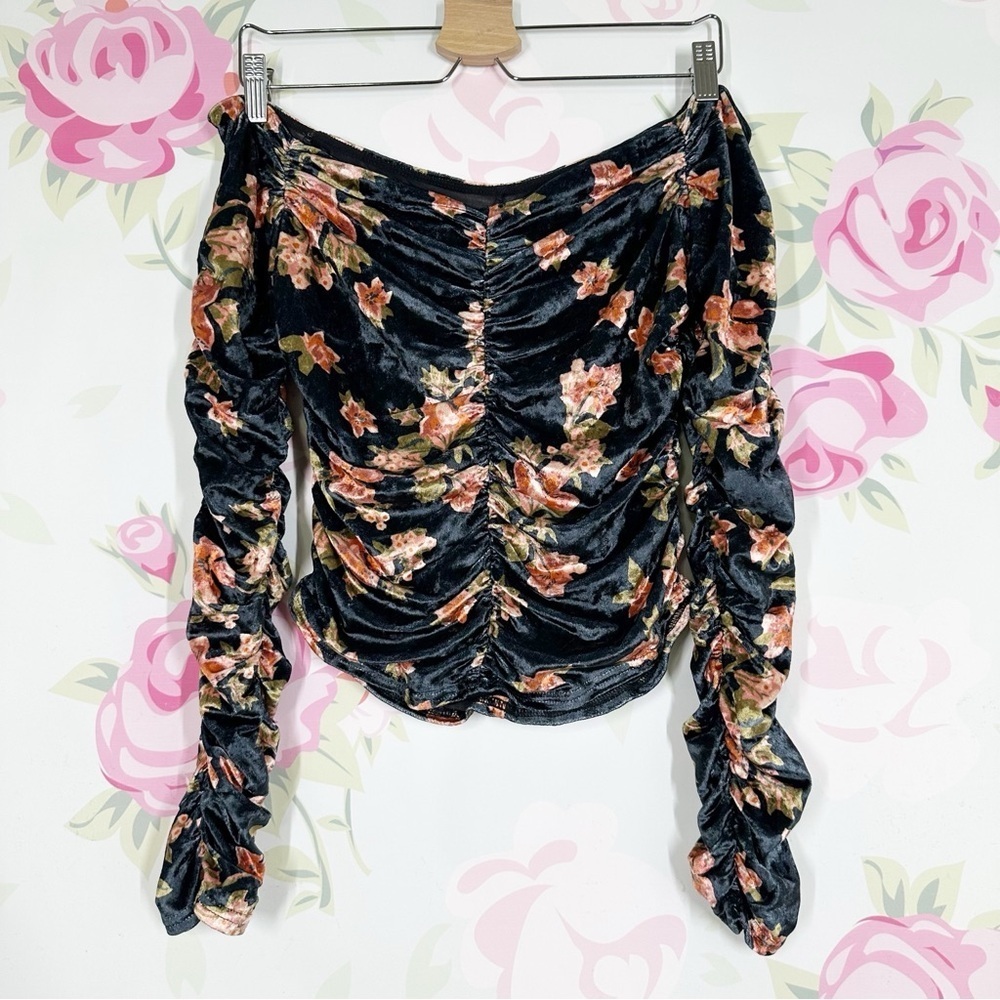NEW Free People Reina Velvet Blue Pink Ruched Off The Shoulder Crop Blouse S